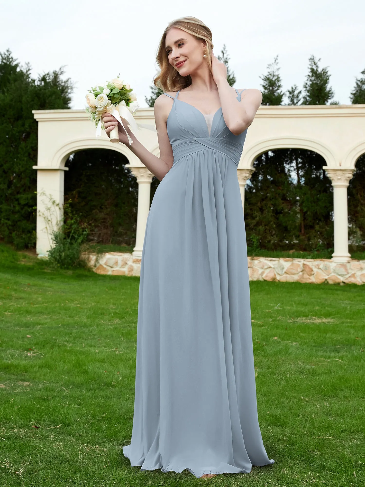 Floor Length V Neck Chiffon Bridesmaid Gown Dusty Blue
