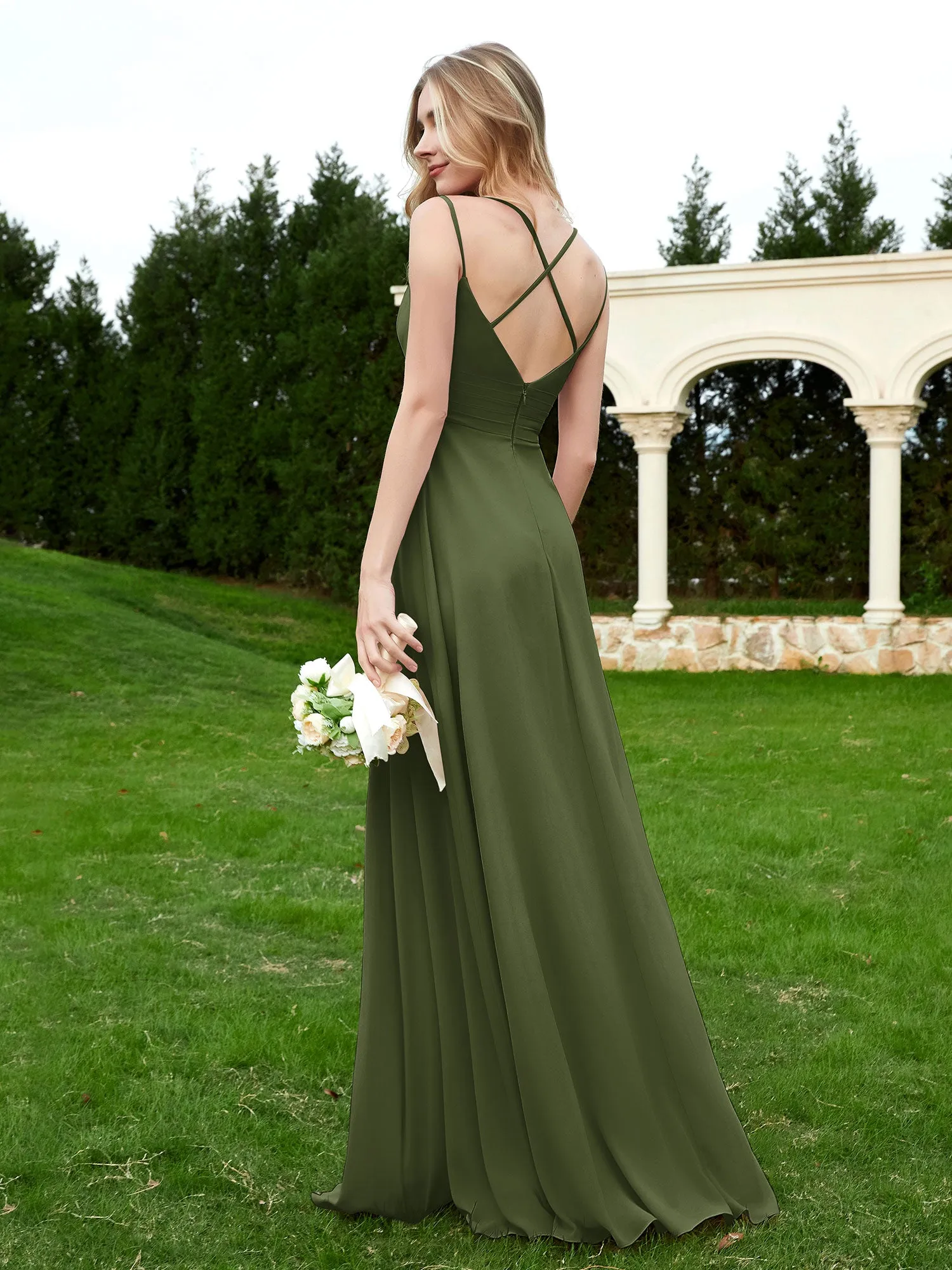 Floor Length V Neck Chiffon Bridesmaid Gown Olive Green