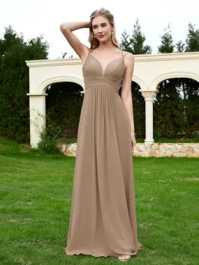 Floor Length V Neck Chiffon Bridesmaid Gown Taupe