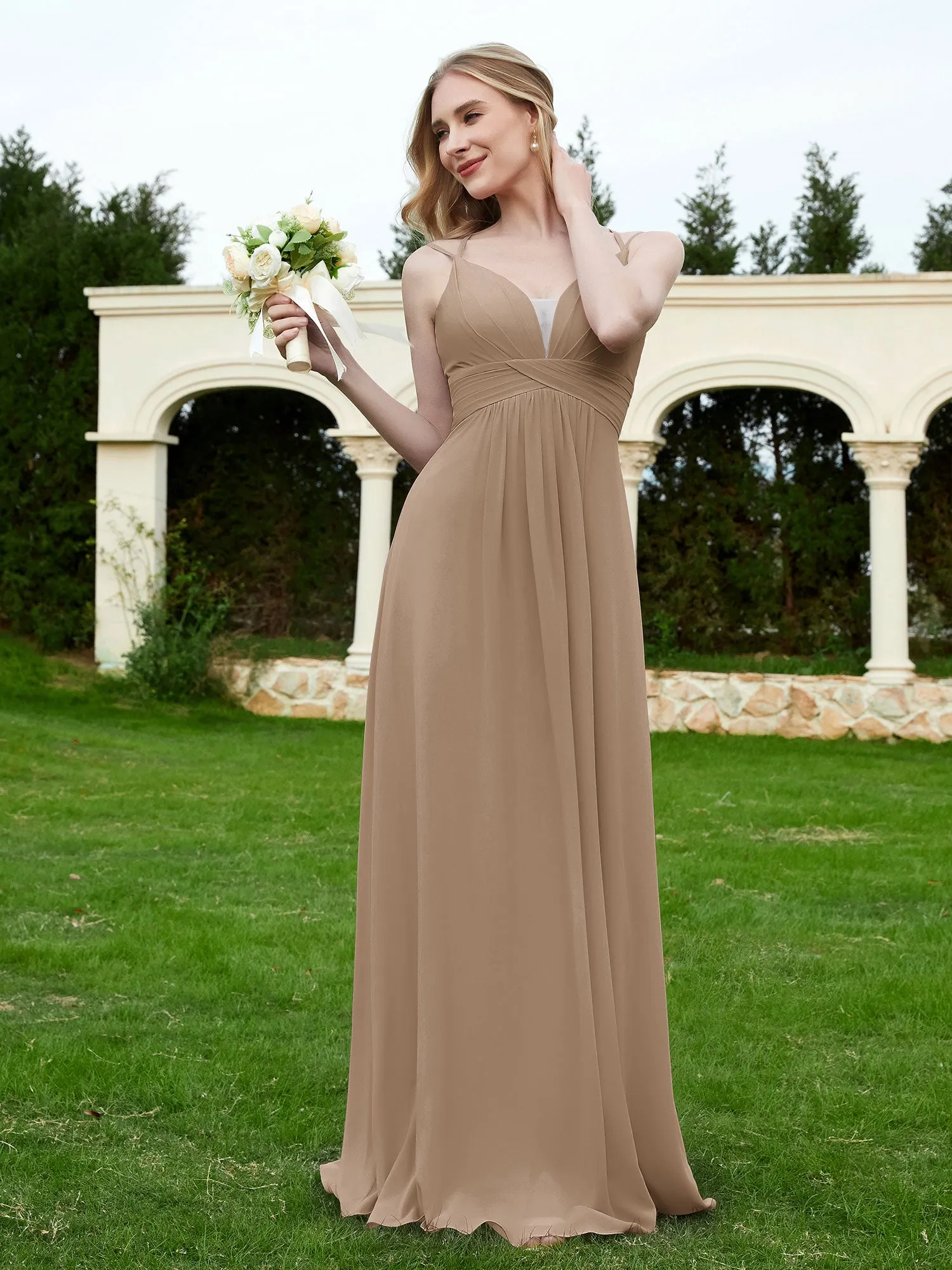 Floor Length V Neck Chiffon Bridesmaid Gown Taupe