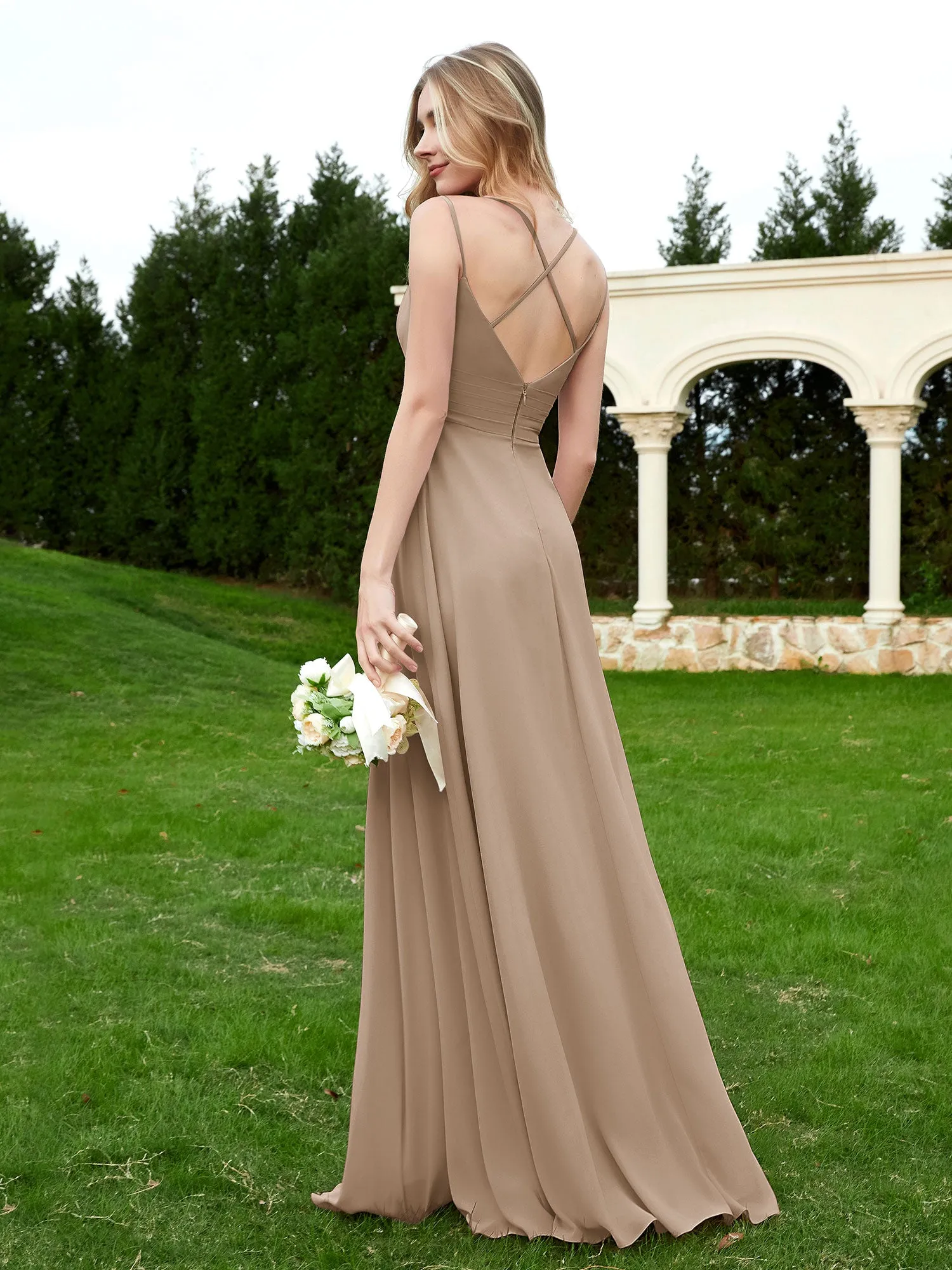 Floor Length V Neck Chiffon Bridesmaid Gown Taupe