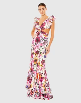 Floral print ruffle shoulder cut-out gown - White multi