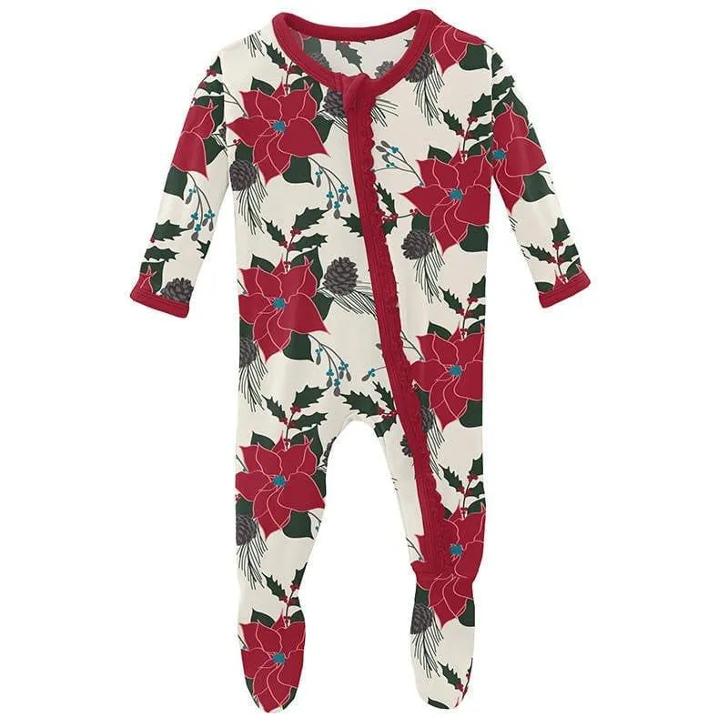 Girl's Print Bamboo Muffin Ruffle Footie with Zipper - Christmas Floral