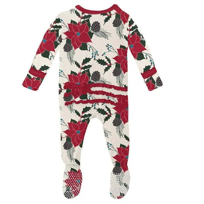 Girl's Print Bamboo Muffin Ruffle Footie with Zipper - Christmas Floral