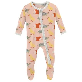 Girl's Print Bamboo Muffin Ruffle Footie with Zipper - Peach Blossom Class Pets