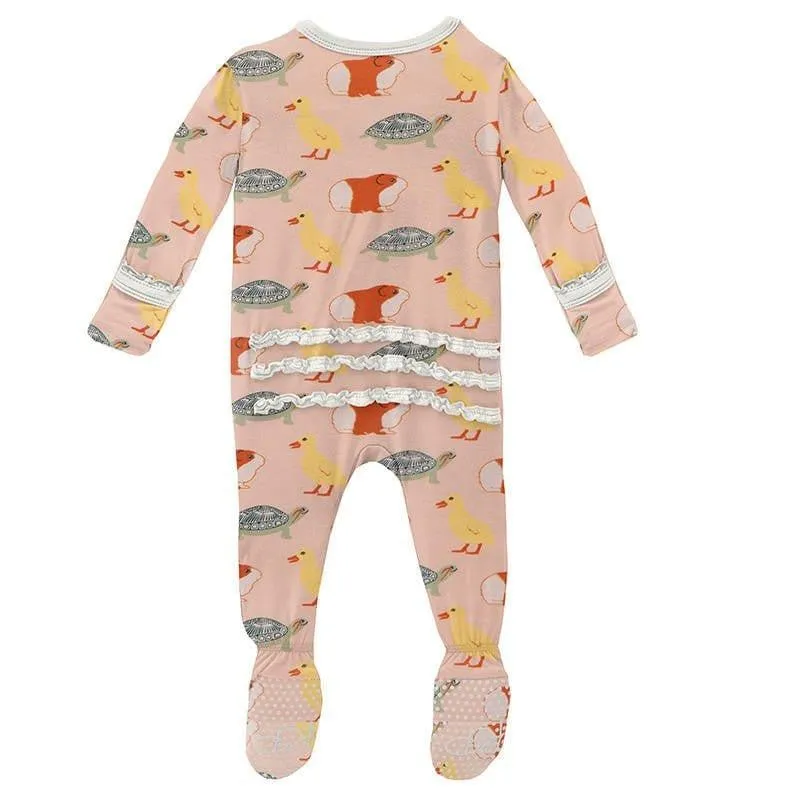 Girl's Print Bamboo Muffin Ruffle Footie with Zipper - Peach Blossom Class Pets