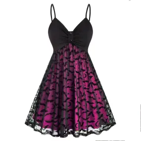 Gothic Bat Mesh Pink Neon Double Layer Dress, Sexy Strap A-Line Party Vestidos For Women