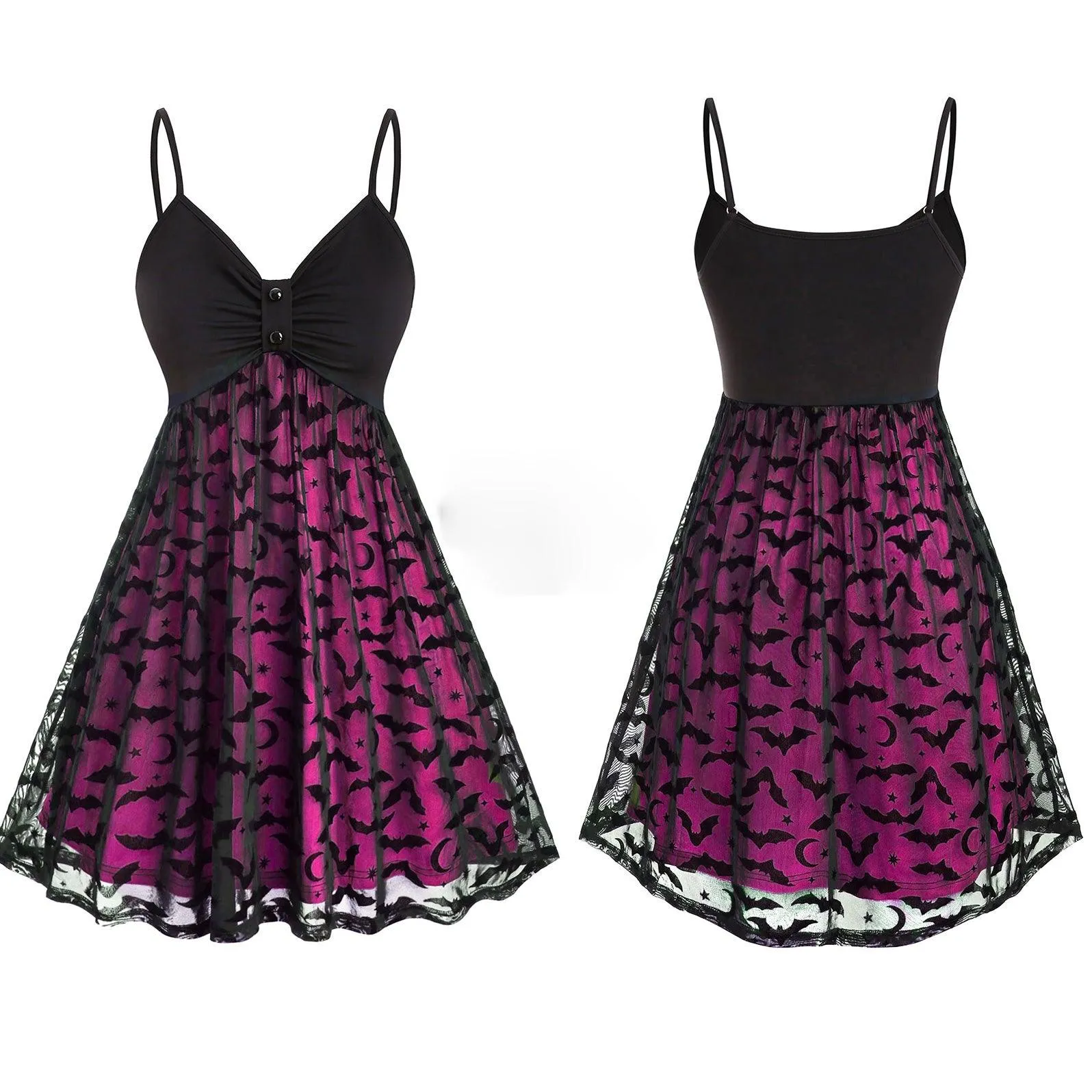 Gothic Bat Mesh Pink Neon Double Layer Dress, Sexy Strap A-Line Party Vestidos For Women