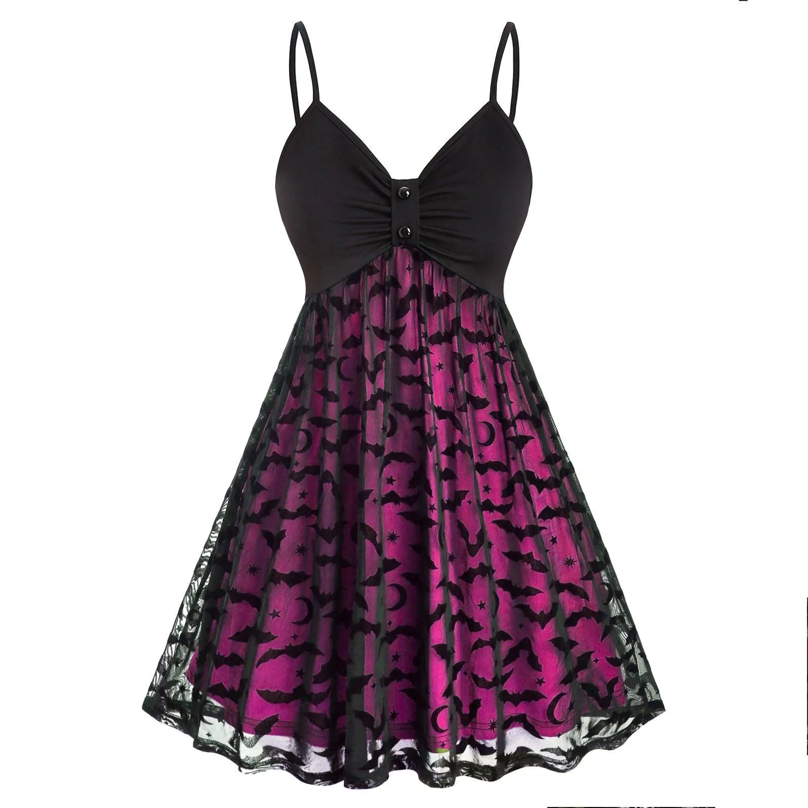 Gothic Bat Mesh Pink Neon Double Layer Dress, Sexy Strap A-Line Party Vestidos For Women