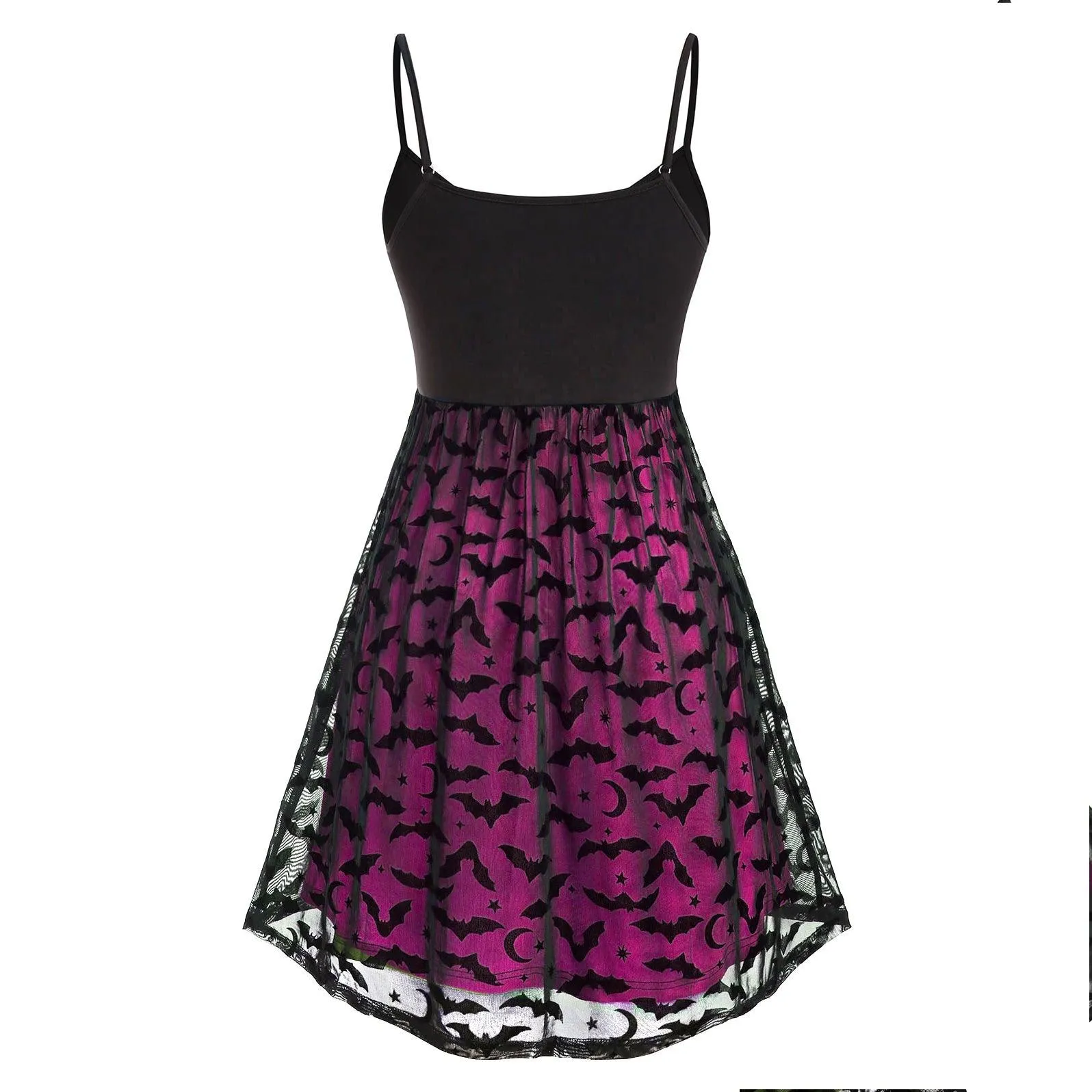 Gothic Bat Mesh Pink Neon Double Layer Dress, Sexy Strap A-Line Party Vestidos For Women