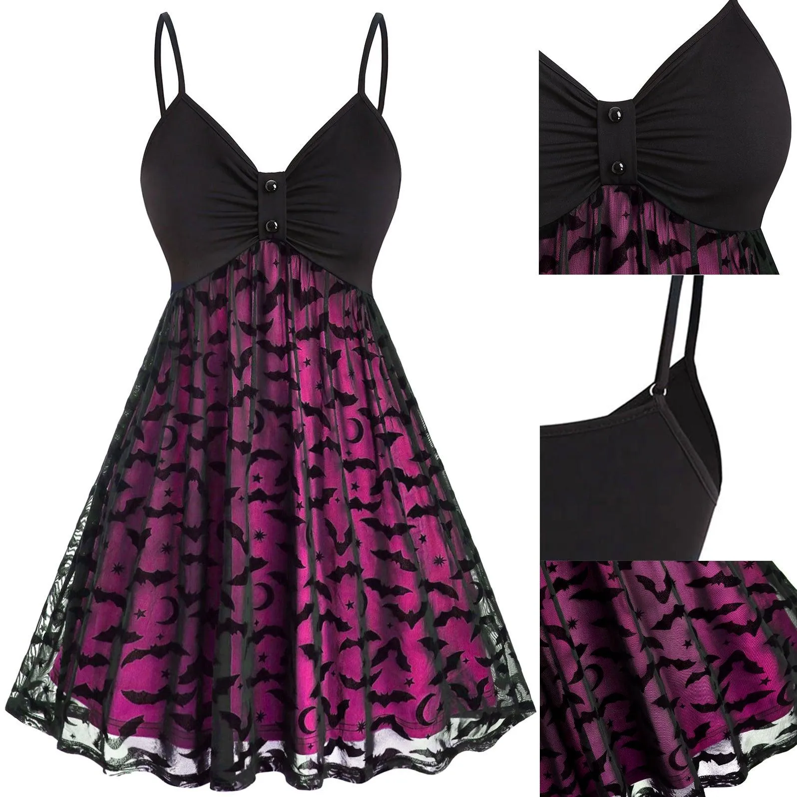 Gothic Bat Mesh Pink Neon Double Layer Dress, Sexy Strap A-Line Party Vestidos For Women