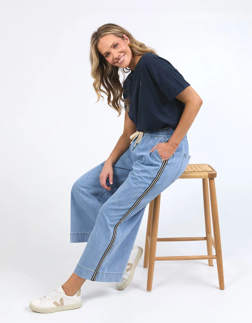 Greta Wide Leg Pant with Side Tape - Light Blue Wash