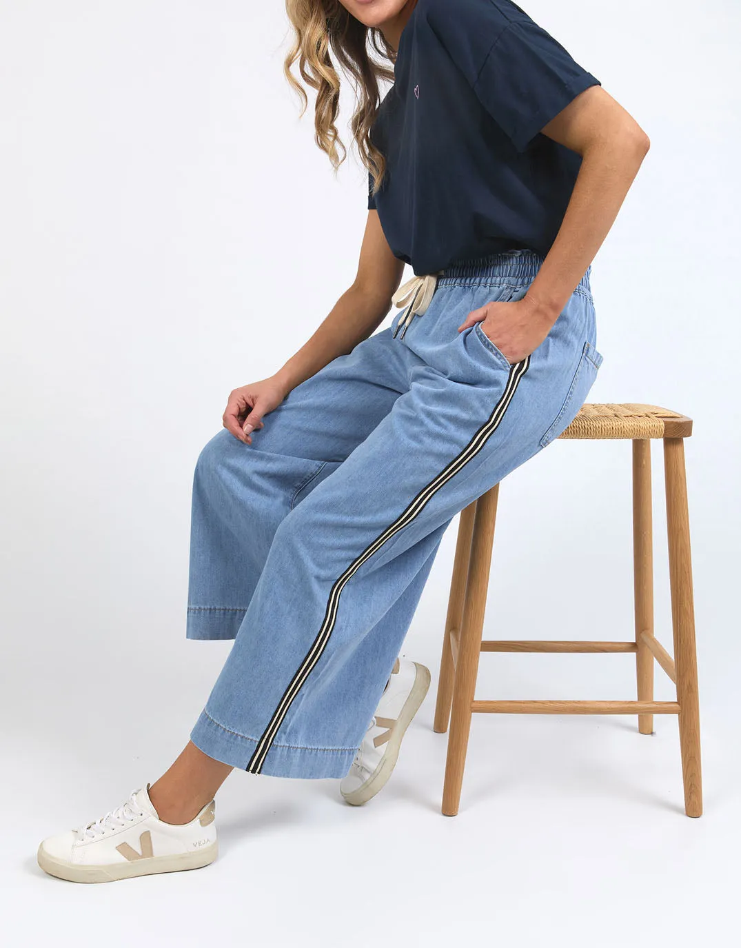 Greta Wide Leg Pant with Side Tape - Light Blue Wash
