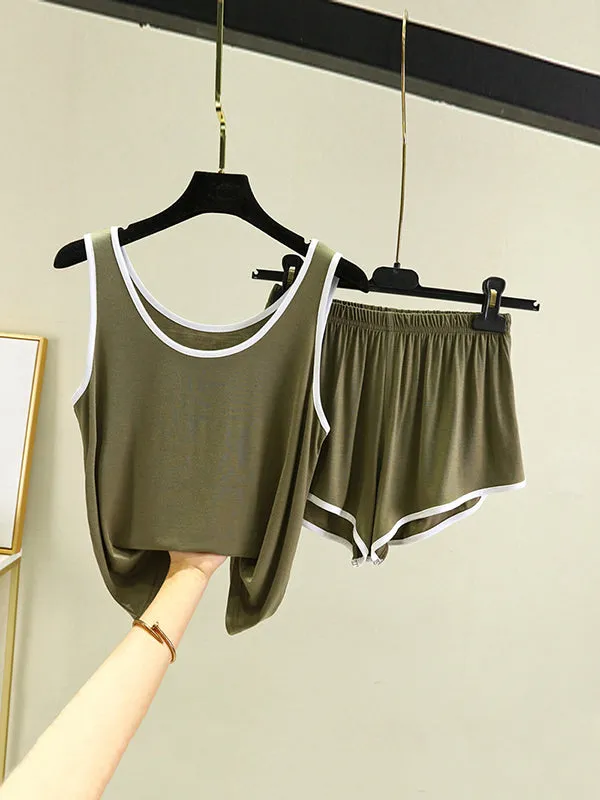Home Wear Loose Sleeveless Contrast Color Round-Neck Vest&Shorts Pajamas Set