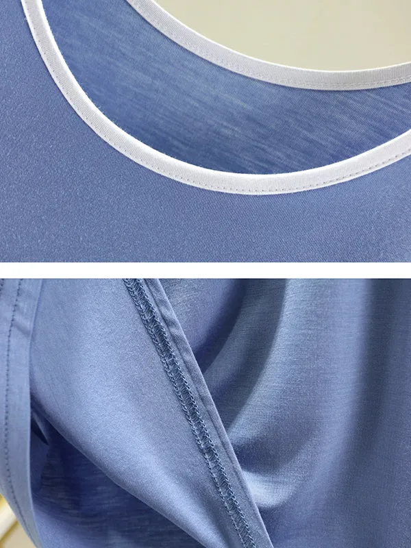 Home Wear Loose Sleeveless Contrast Color Round-Neck Vest&Shorts Pajamas Set
