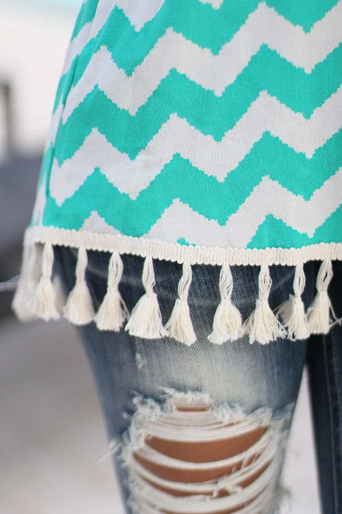 Jade Chevron Tank Top with Tassels