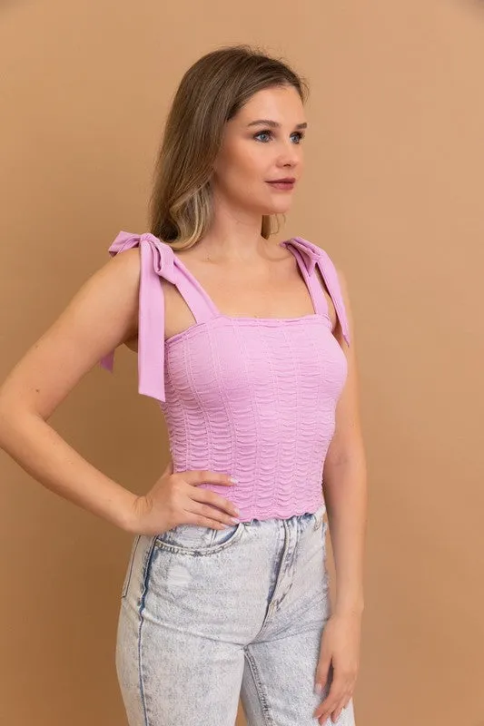 Kendra Seamless Vertical Smocked Tie Shoulder Top