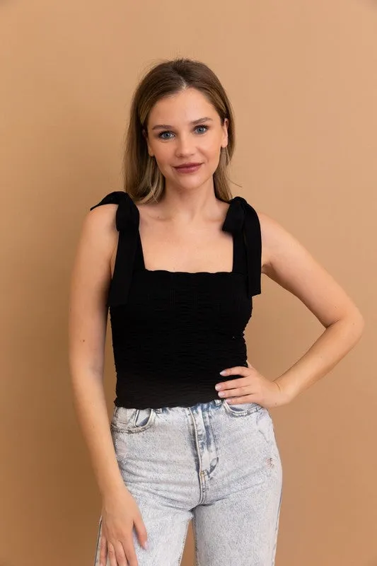 Kendra Seamless Vertical Smocked Tie Shoulder Top