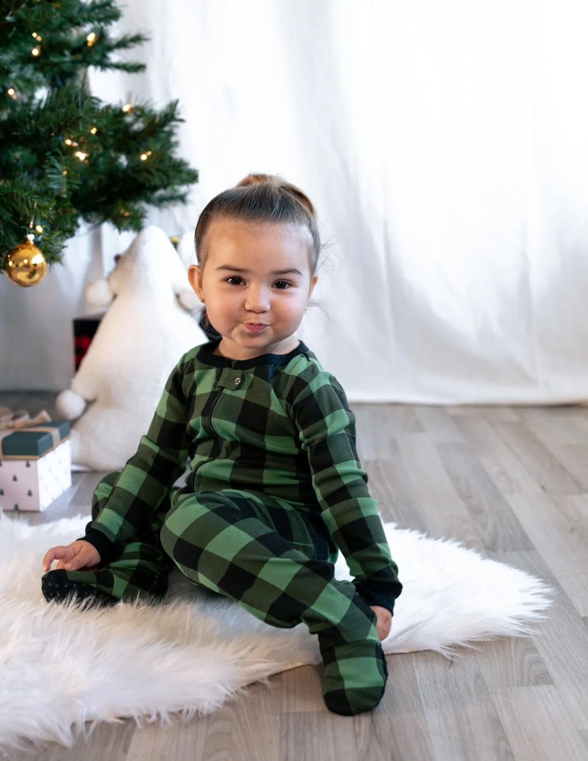 Kid's Footed Black & Green Plaid Pajamas