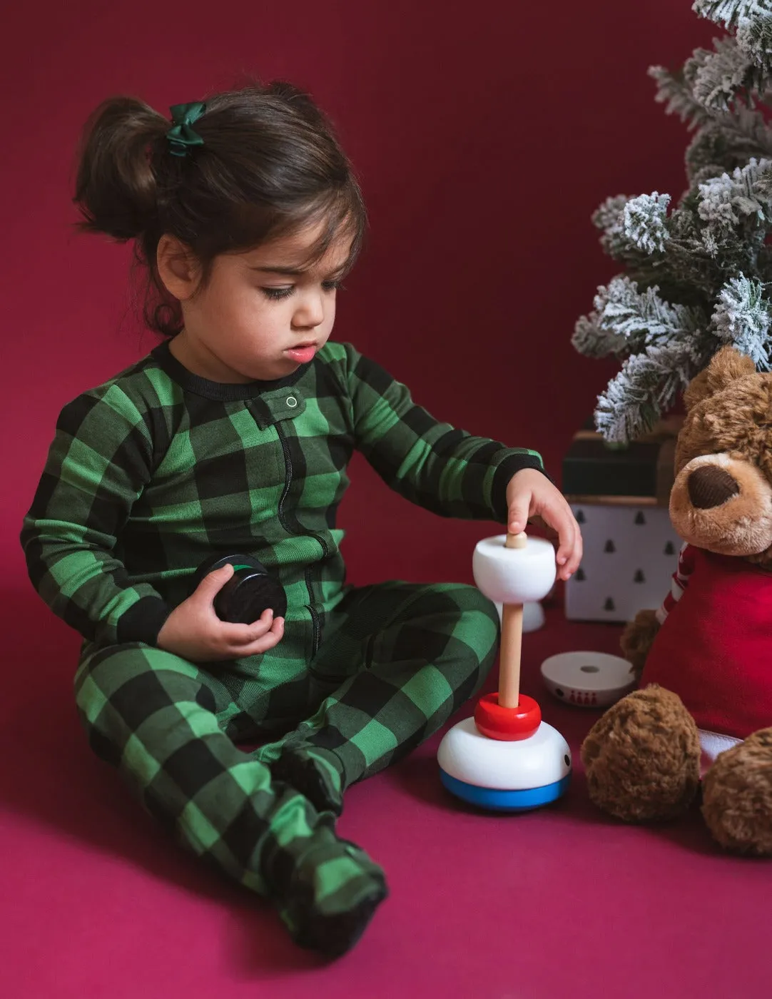 Kid's Footed Black & Green Plaid Pajamas