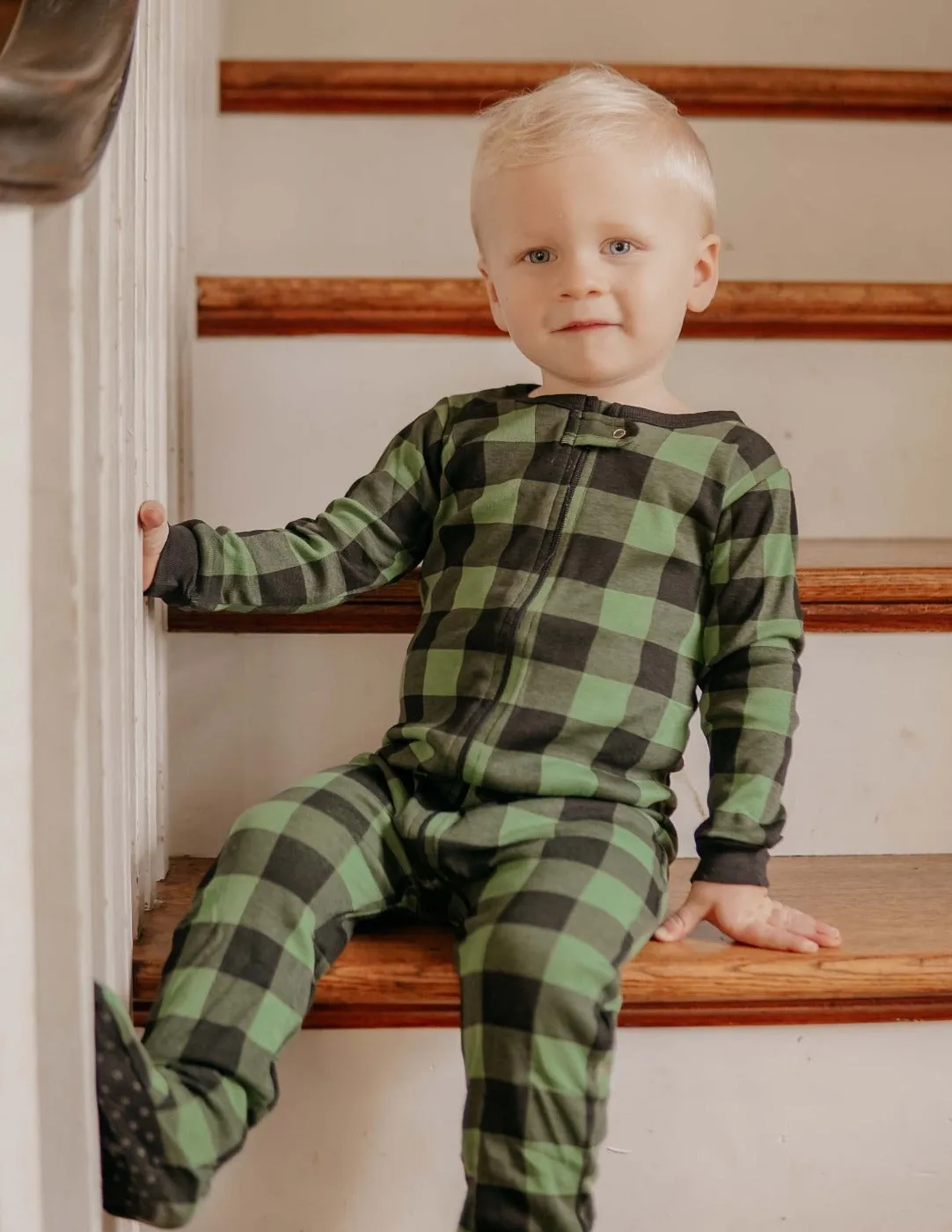 Kid's Footed Black & Green Plaid Pajamas