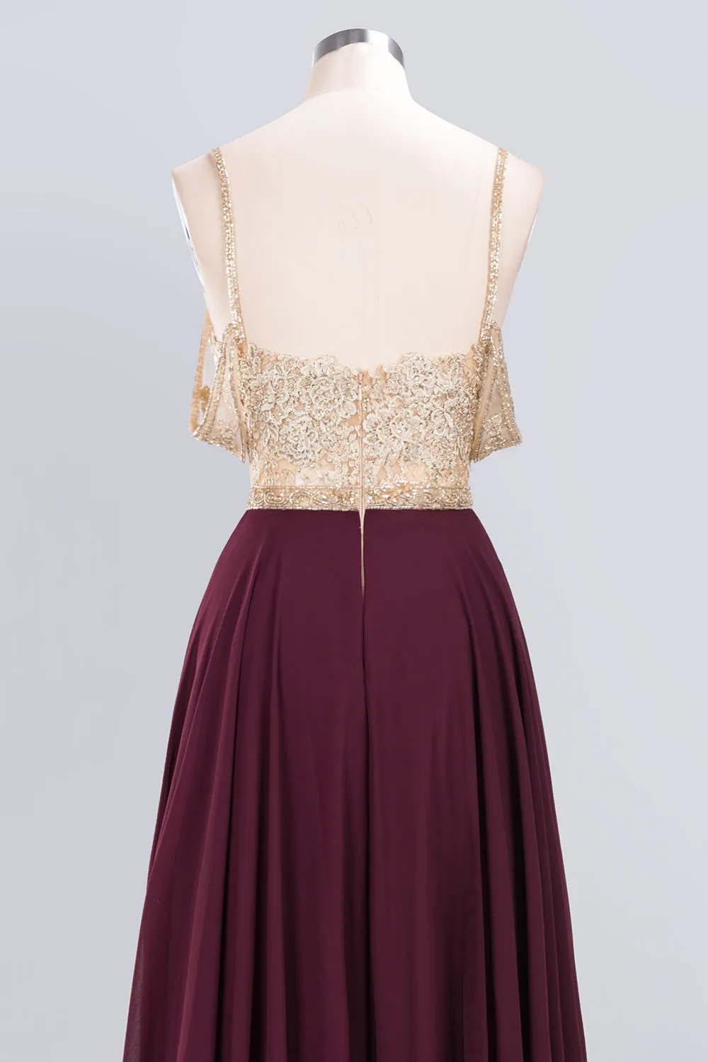 Long A-line Appliques Spaghetti Straps Burgundy Bridesmaid Dress
