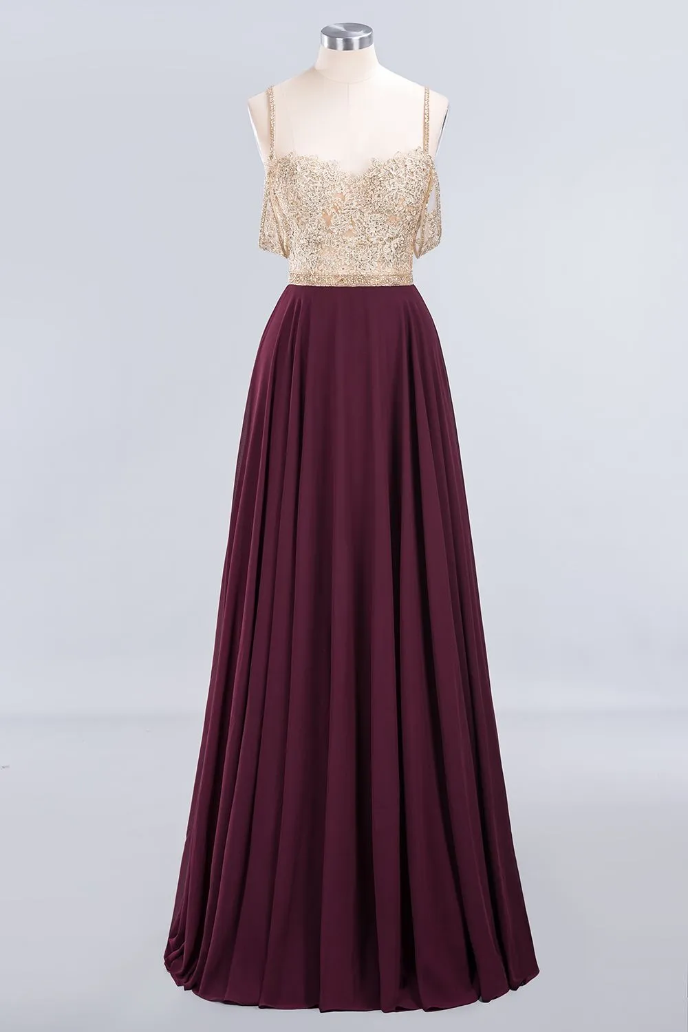 Long A-line Appliques Spaghetti Straps Burgundy Bridesmaid Dress