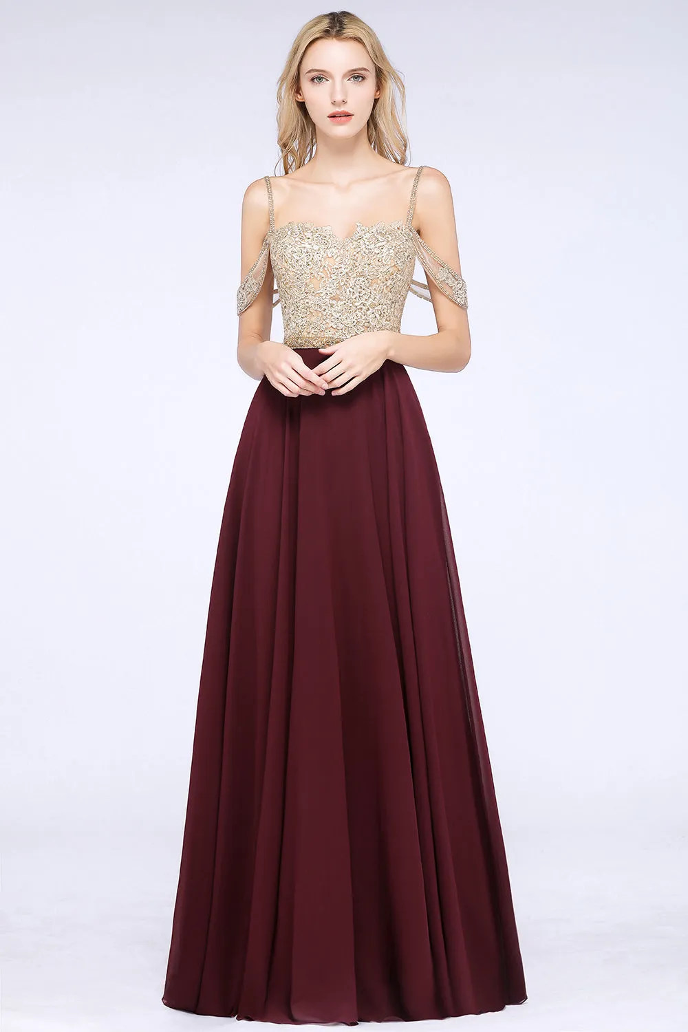 Long A-line Appliques Spaghetti Straps Burgundy Bridesmaid Dress