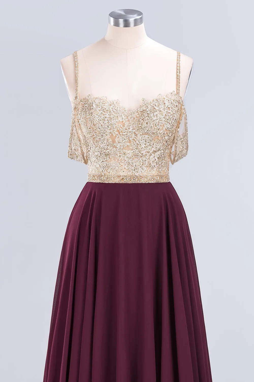 Long A-line Appliques Spaghetti Straps Burgundy Bridesmaid Dress