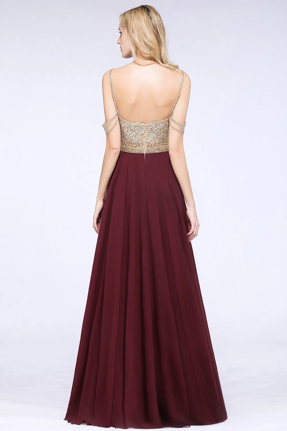 Long A-line Appliques Spaghetti Straps Burgundy Bridesmaid Dress