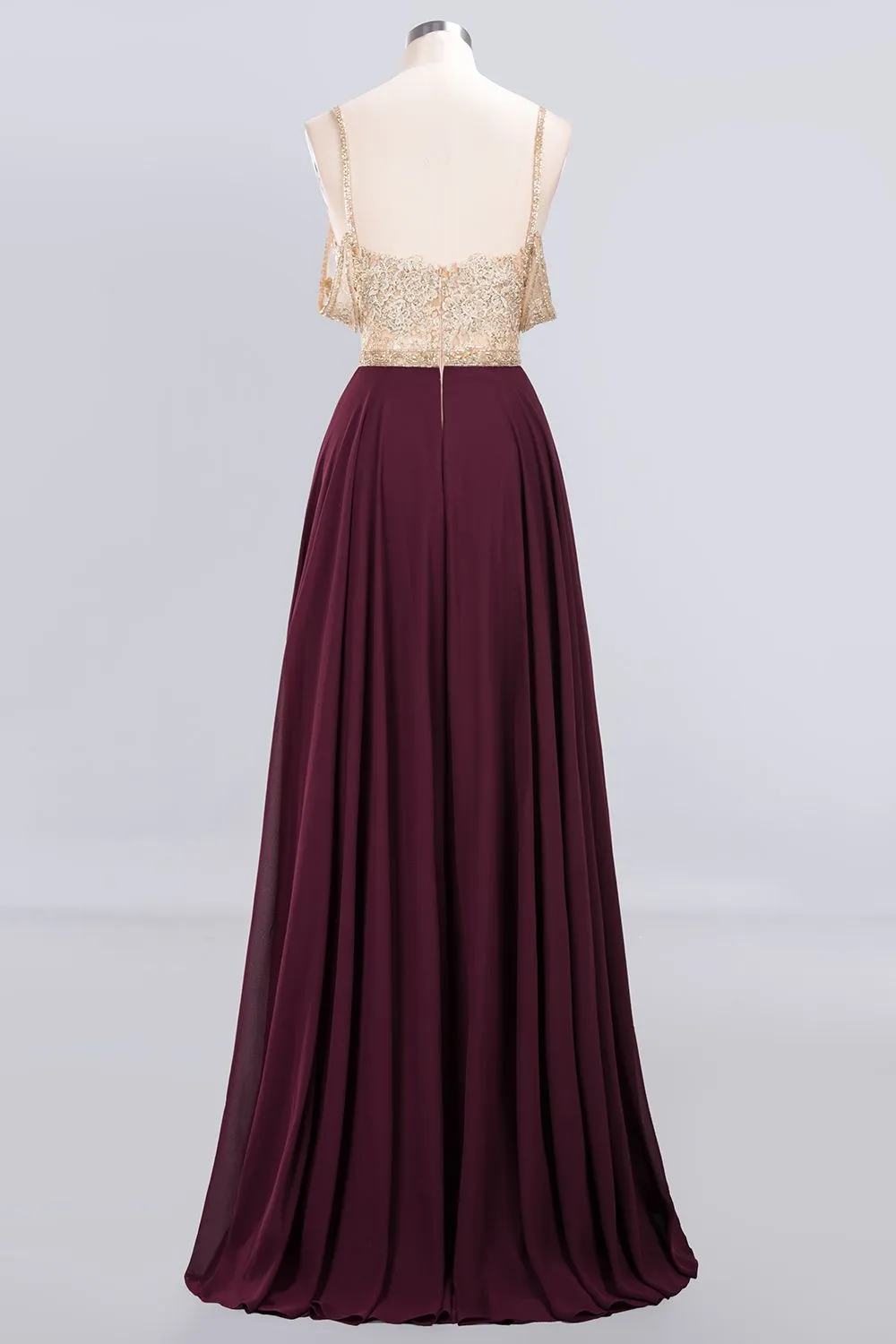 Long A-line Appliques Spaghetti Straps Burgundy Bridesmaid Dress
