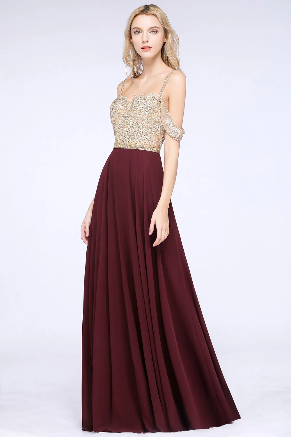 Long A-line Appliques Spaghetti Straps Burgundy Bridesmaid Dress