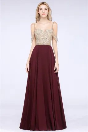 Long A-line Appliques Spaghetti Straps Burgundy Bridesmaid Dress