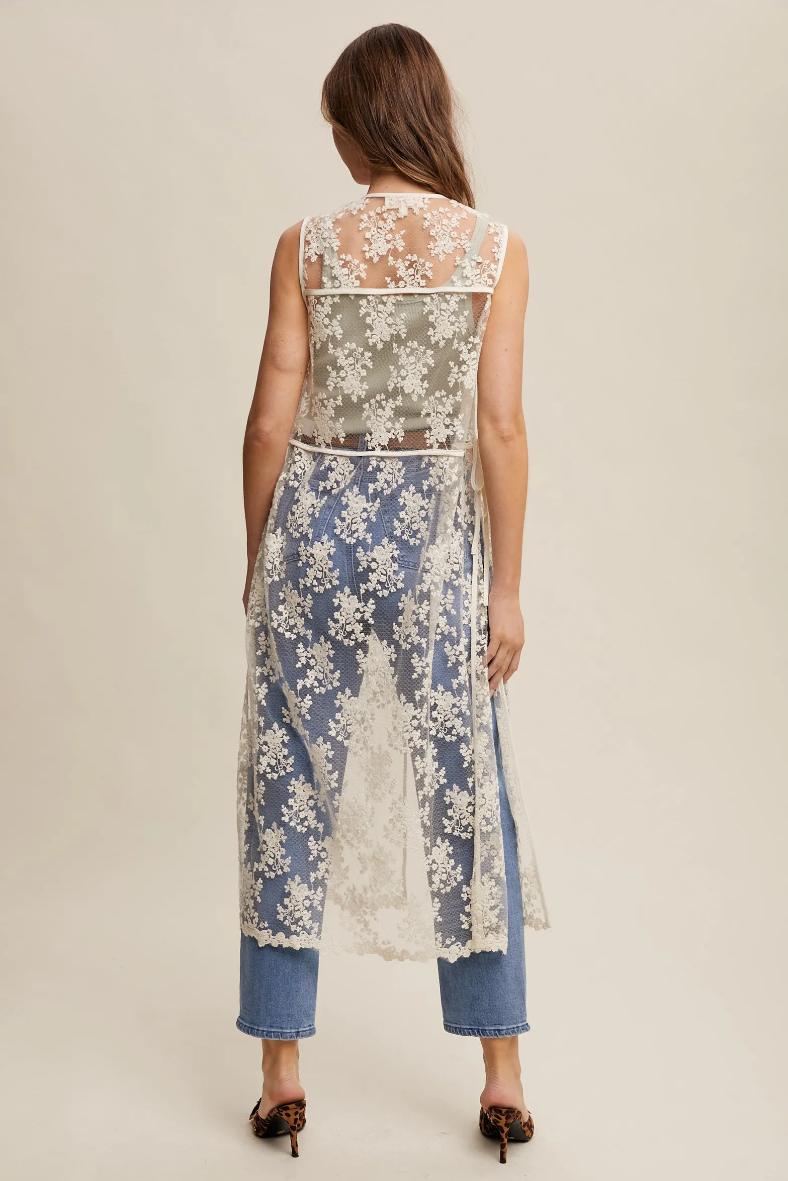 LONG SHEER FLORAL EMBROIDERED LACE VEST