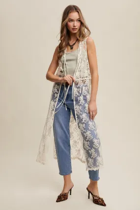 LONG SHEER FLORAL EMBROIDERED LACE VEST