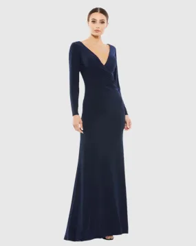 Long sleeve ruched jersey V-neck gown - Midnight