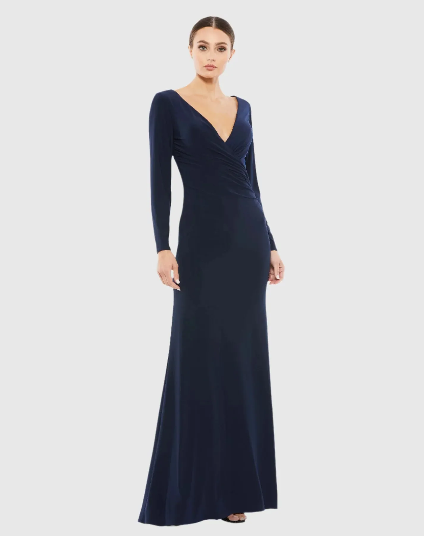 Long sleeve ruched jersey V-neck gown - Midnight