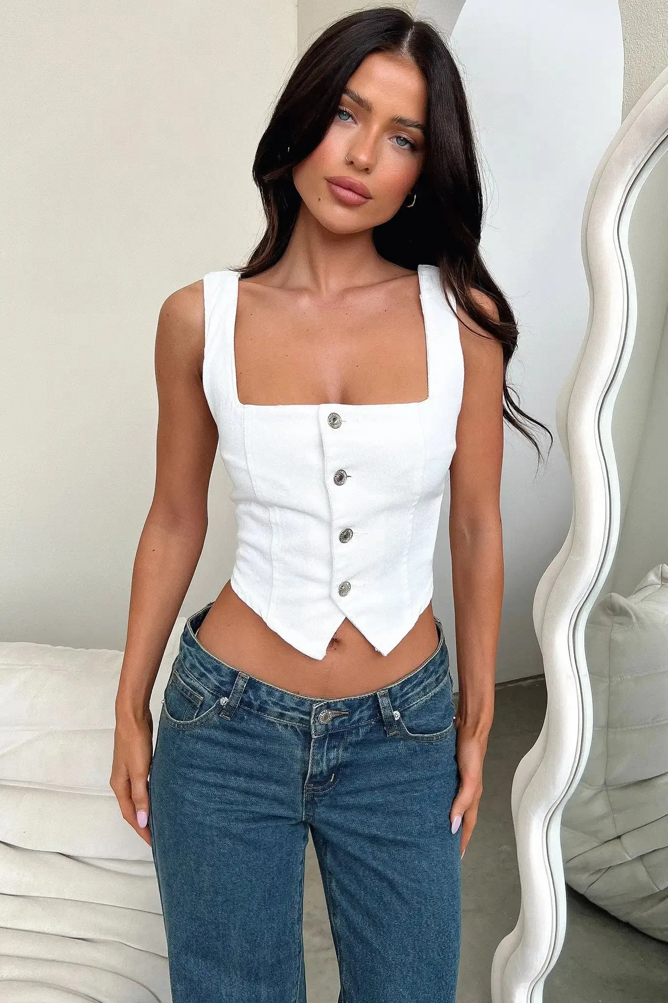 LVSANW Women's Denim Tank Tops New Summer Sleeveless Button Down Crop Tops for Party Club Slim Fit Square Neck Backless Camis
