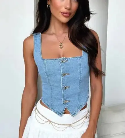 LVSANW Women's Denim Tank Tops New Summer Sleeveless Button Down Crop Tops for Party Club Slim Fit Square Neck Backless Camis