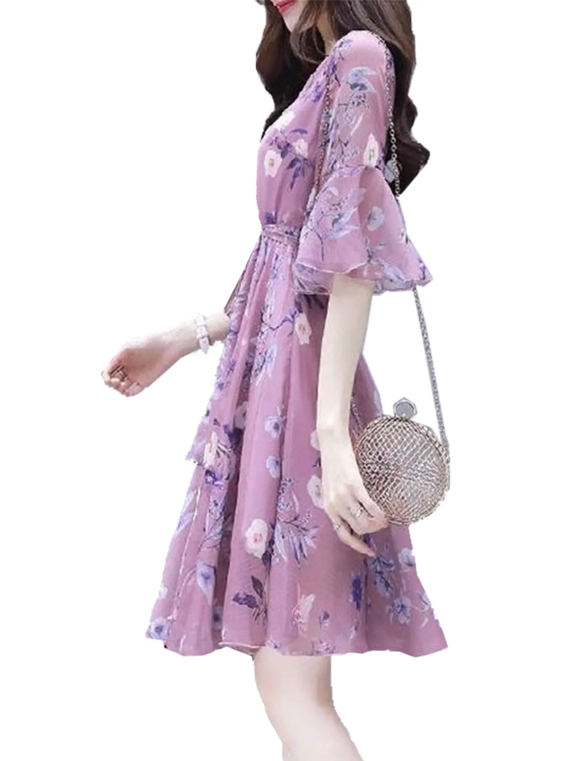 MariaKinz Pair of Two Color Women Slim Fit  Half Sleeve Knee Length Chiffon Dress