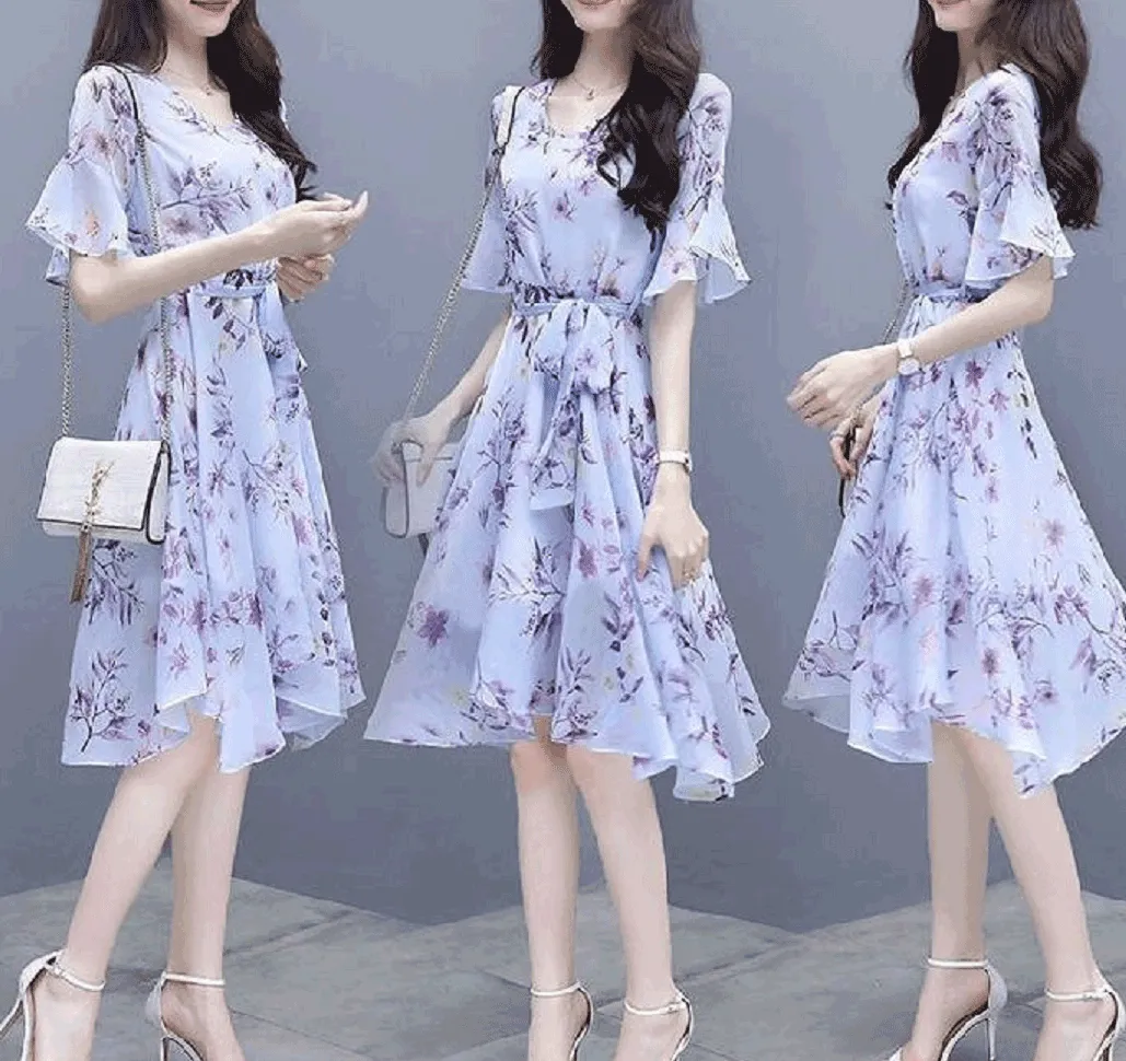MariaKinz Pair of Two Color Women Slim Fit  Half Sleeve Knee Length Chiffon Dress