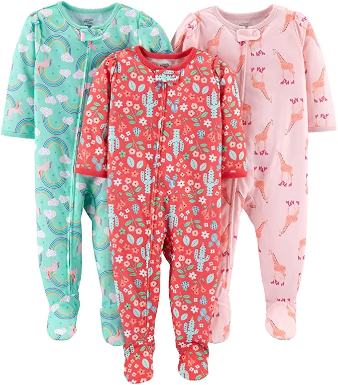 New Simple Joys by Carter's Girls 3-Pack Loose Fit Flame Resistant Polyester Jersey Footed Pajamas, Sz 12 Months! Great for Summer!