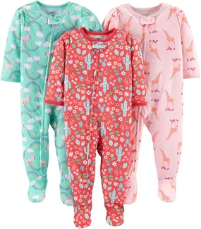 New Simple Joys by Carter's Girls 3-Pack Loose Fit Flame Resistant Polyester Jersey Footed Pajamas, Sz 12 Months! Great for Summer!