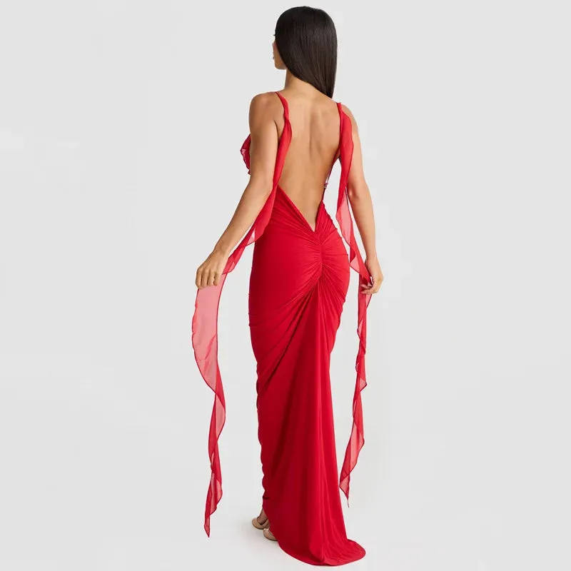 Peach Backless Mermaid Dress Adorned with Flower Details