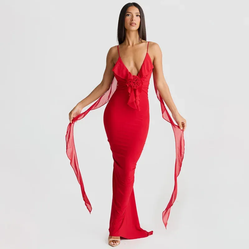 Peach Backless Mermaid Dress Adorned with Flower Details