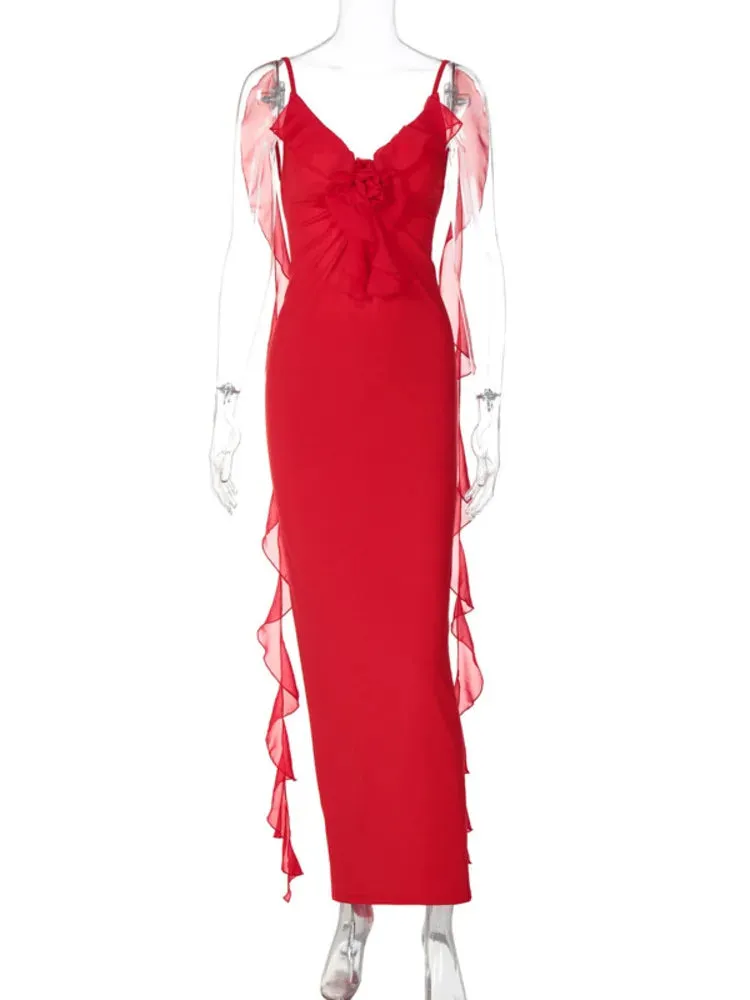 Peach Backless Mermaid Dress Adorned with Flower Details