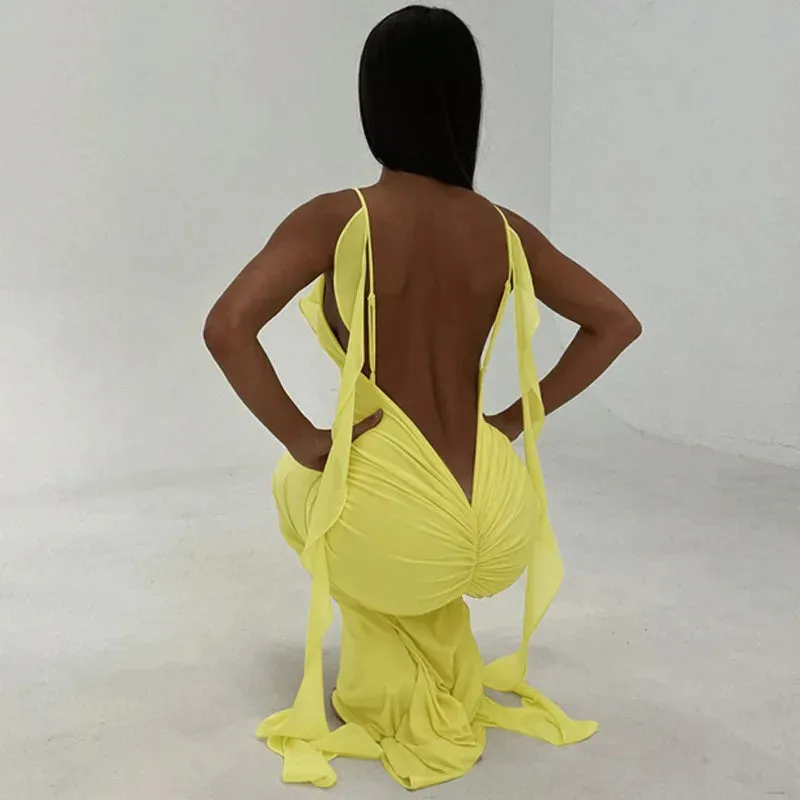Peach Backless Mermaid Dress Adorned with Flower Details