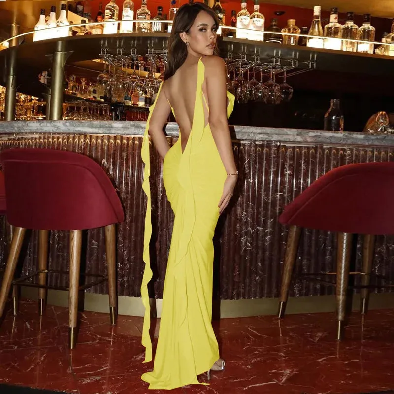 Peach Backless Mermaid Dress Adorned with Flower Details