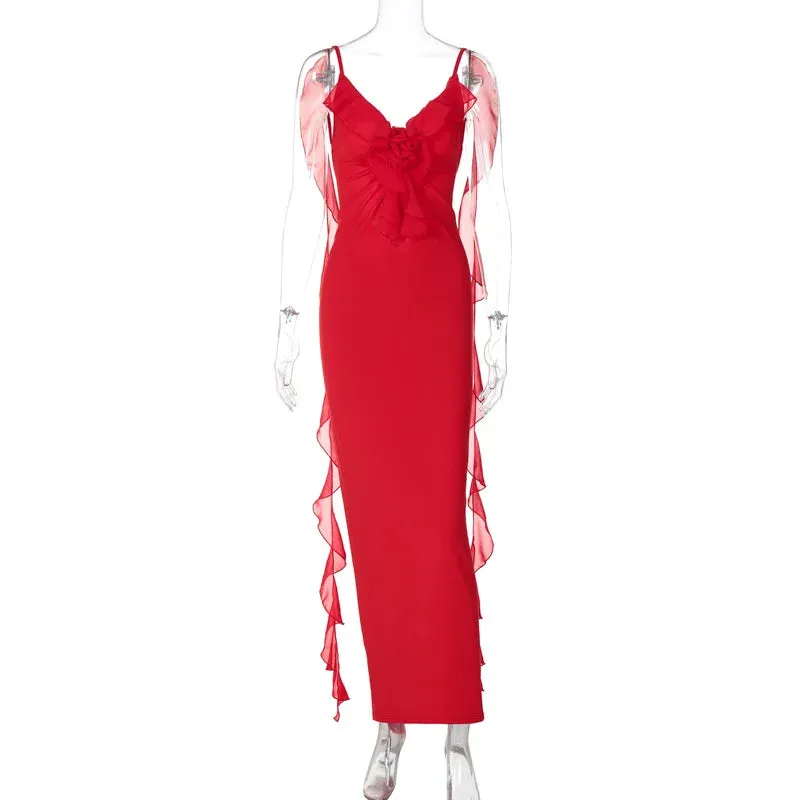 Peach Backless Mermaid Dress Adorned with Flower Details