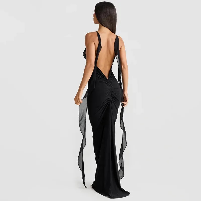 Peach Backless Mermaid Dress Adorned with Flower Details